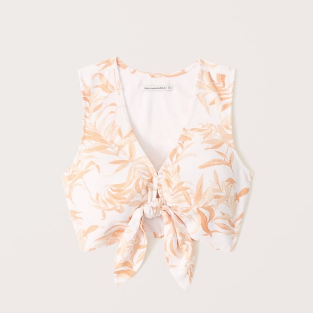 NWT Abercrombie & Fitch White Floral Cropped Tie-Front Linen-Blend Top